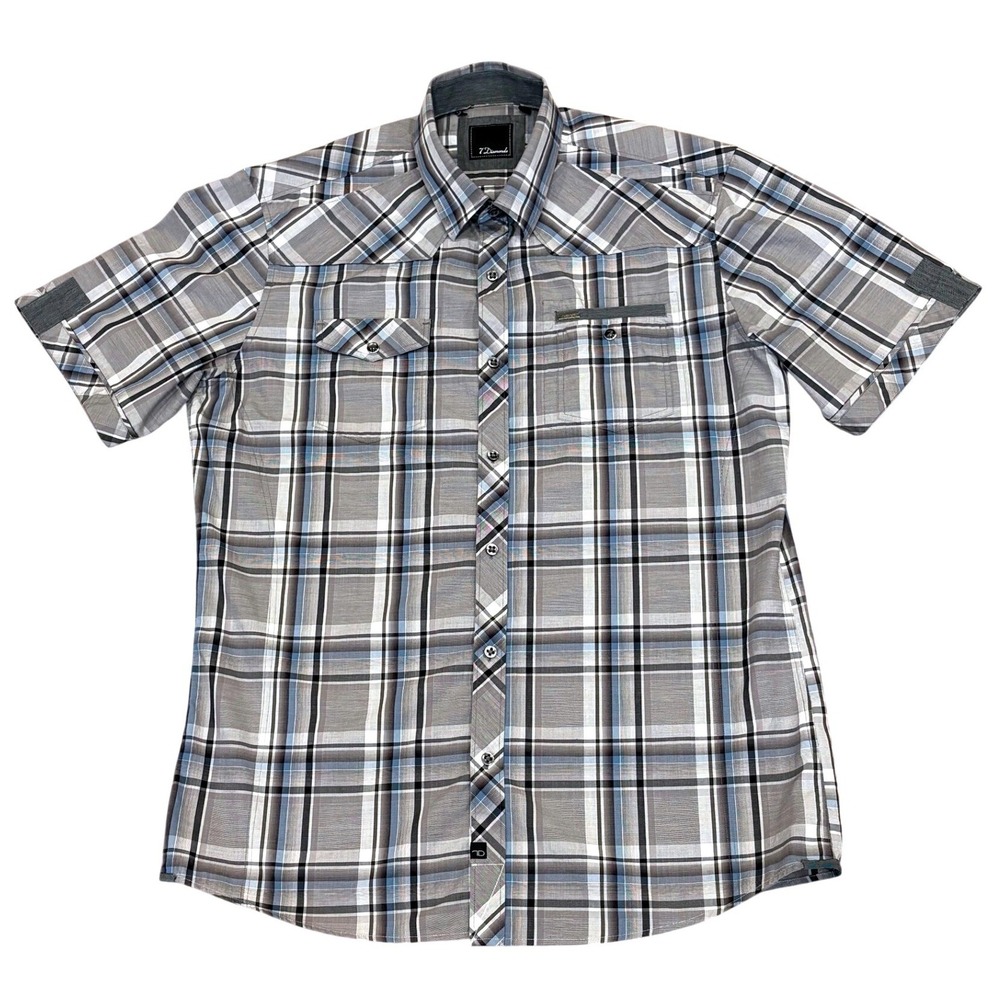 7 Diamonds Plaid Pearl Snap Button Up Shirt Mens‎ Large Grey Blue Short Sleeve - Picture 2 of 11